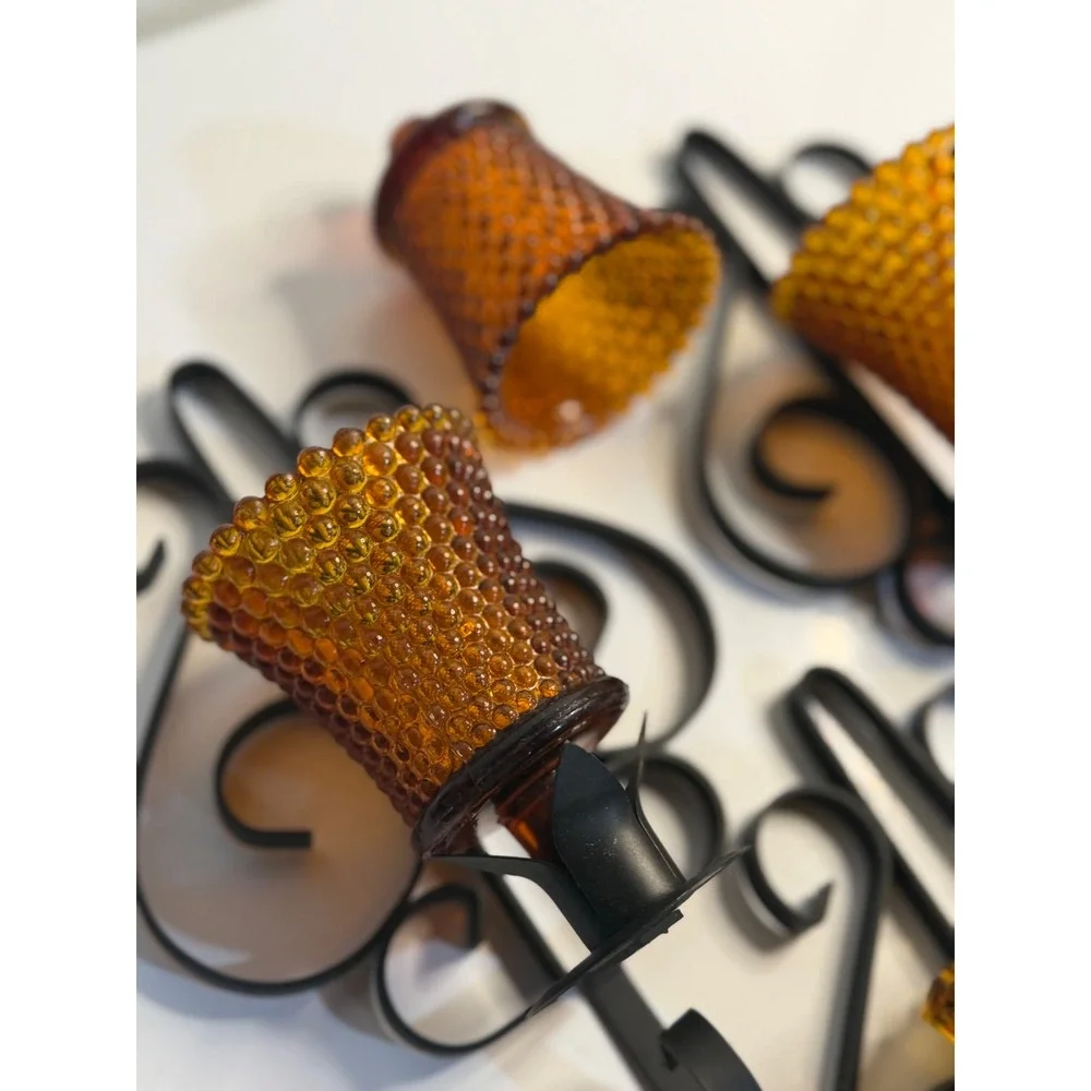 VTG Homco Wall Sconce Candle Holders Amber Hobnail Ribbed Glass‎ Black Metal X 3